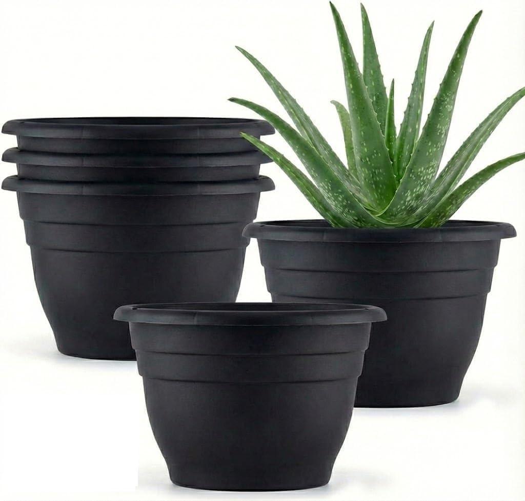 RooTrimmer 5 Pack 10 Inch Plant Pots Plastic Planters with Drainage Holes & Plugs,Lightweight Flower Pots for Indoor Outdoor Plants,Flowers,Monstera,Snake Plant,Home Garden (Black)