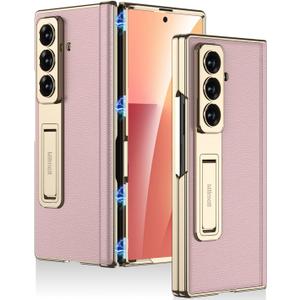 Miimall Case for Samsung Galaxy Z Fold 7 with Screen Protector & Kickstand & Hinge Protection, Premium Leather Phone Cover for Women Girls, Anti-Slip Shockproof Hard Ultra Thin for ZFold 7 Case Pink