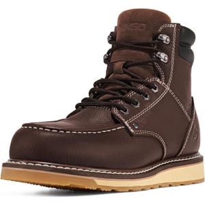 NINGO Steel/Soft Toe Work Boots for Men, 6 Inch Waterproof Mens Wedge Moc Toe Boots, Full-Grain Leather, Oil and Slip-Resistant Safety Boots, EH Protection,Work Boots for Construction, Industrial (8, Dark Brown 1)