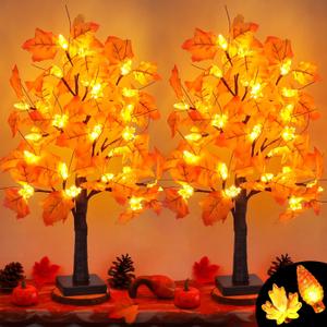 2 Pack 24 Inch Artificial Lighted Fall Maple Tree Thanksgiving Decorations with 48 LEDs Battery Operated Timer Prelit Acorn Maple Tree Lights for Thanksgiving Table Decor Home Indoor Autumn Harvest