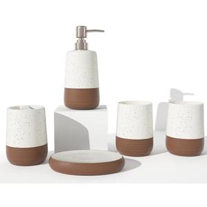 Ceramic Bathroom Accessories Set Complete in White & Brown Duotone, 5 Pcs Boho Bath Vanity Counter Set, Soap Dispenser Toothbrush Holder Soap Dish Tumble Cup Set, Bathroom Essentials for New Home