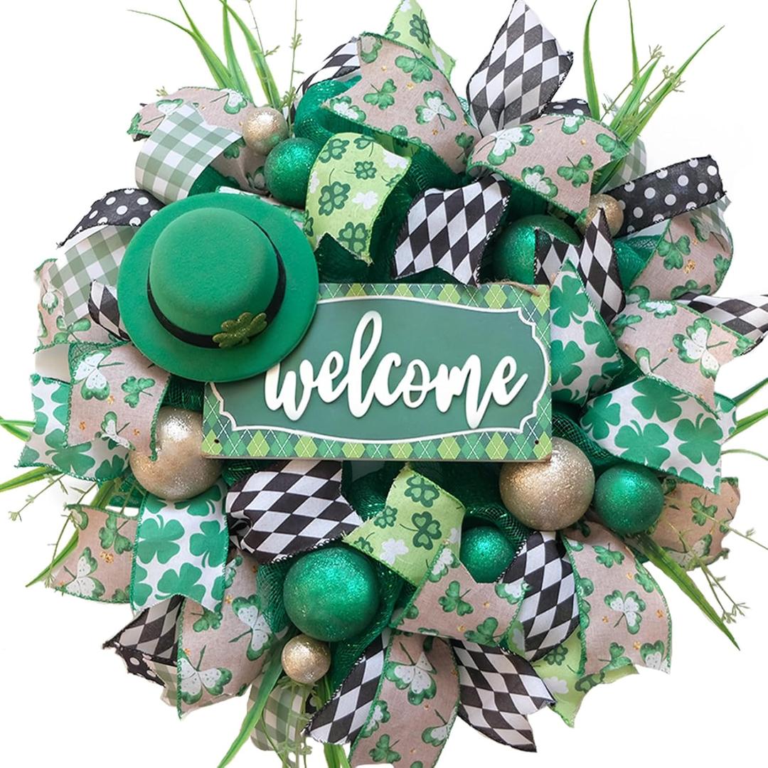 Idyllic 22 Inch St Patricks Day Wreath with Leprechaun Hat Shamrock Ribbons and Glitter Balls for Front Door Fireplace Indoor Outdoor Irish Party Decor