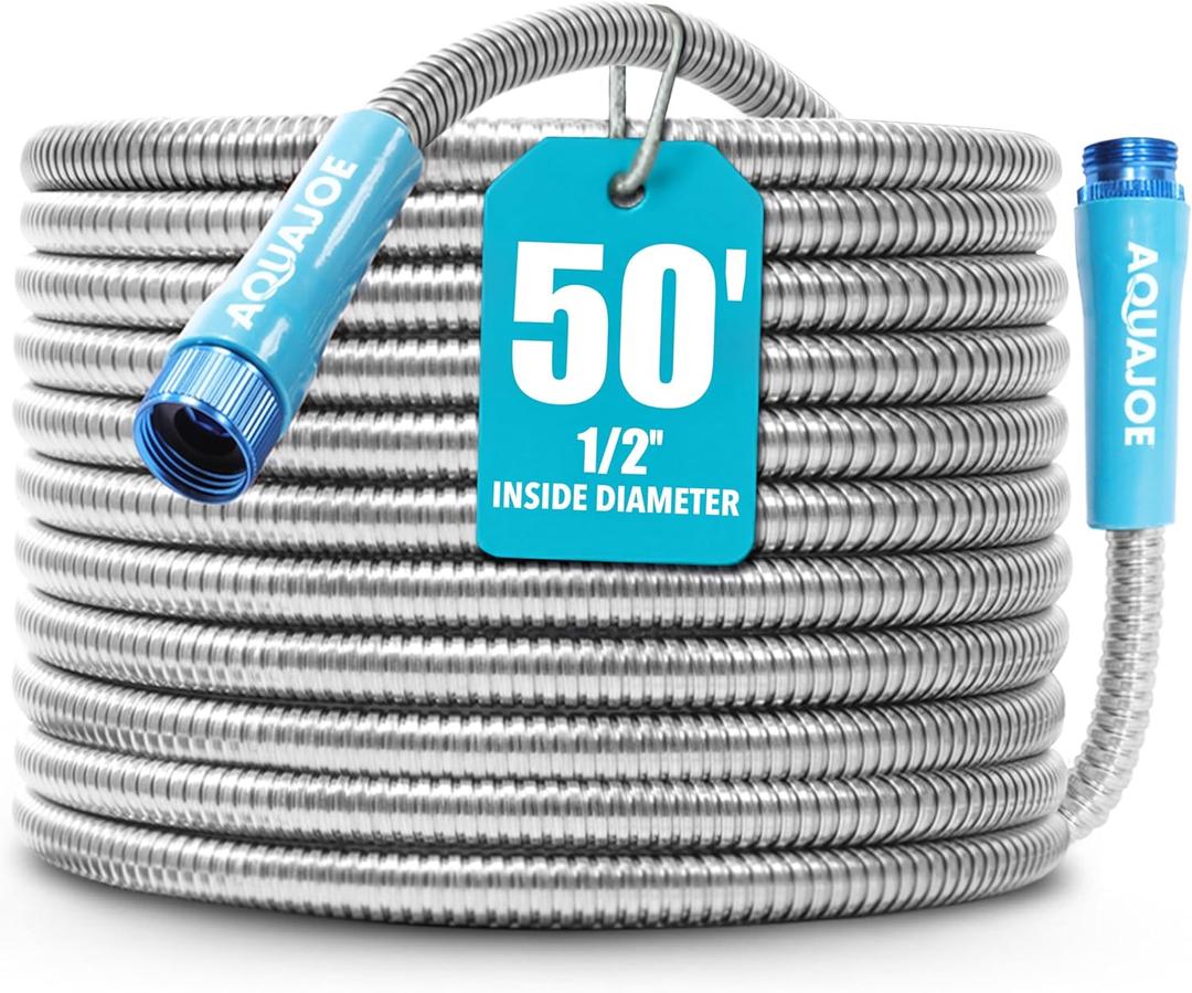 Aqua Joe AJSGH50 Stainless-Steel Garden Hose, Kink-Free Hose, 300 PSI Max, 50 Feet Long