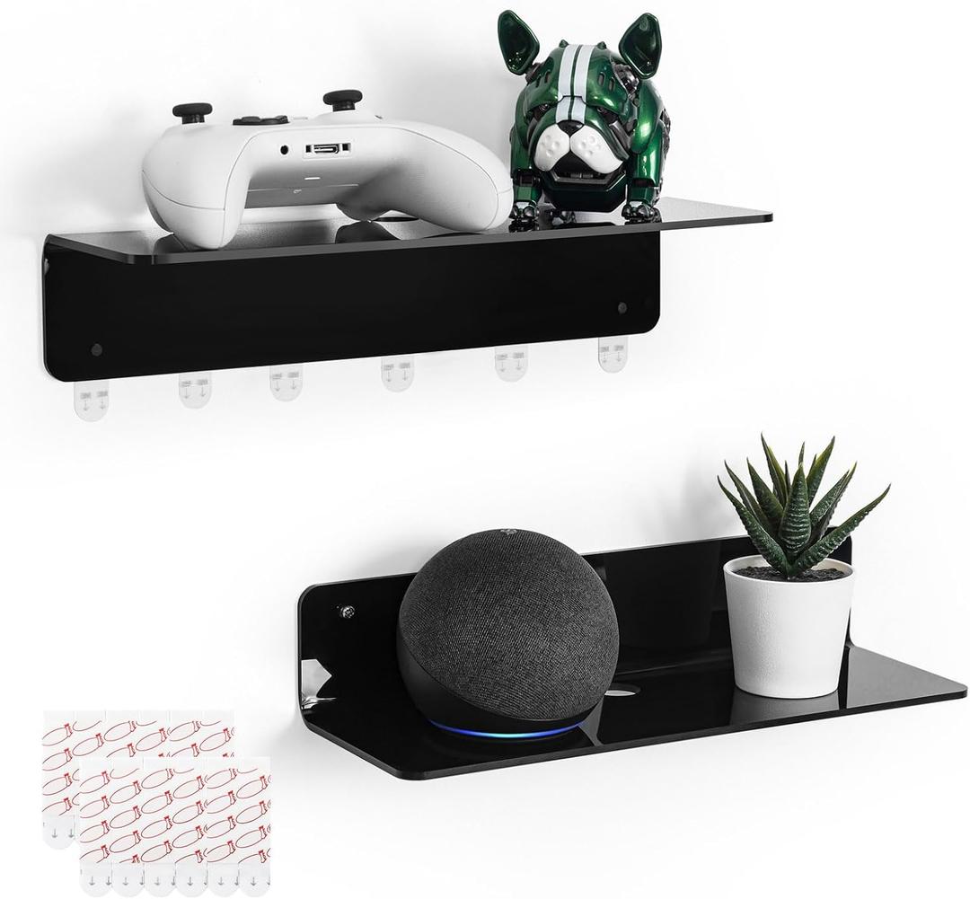 OAPRIRE Black Acrylic Floating Shelves Set of 2 - Damage Free Expand Wall Space - 12 Inch Wall Shelves with Strong Adhesive for Bathroom, Bedroom, Etc
