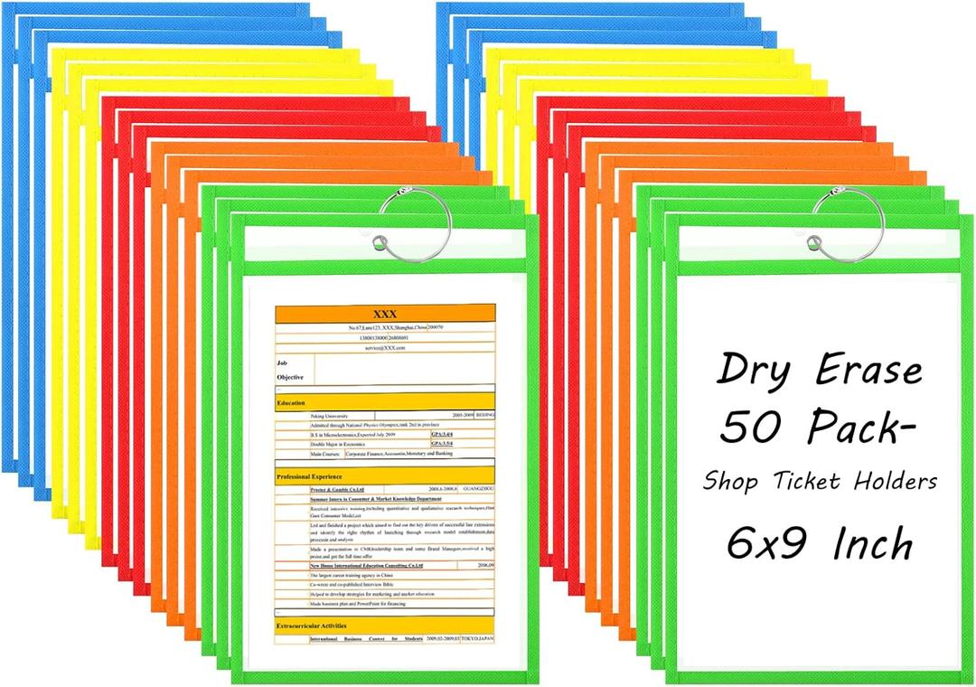 50 Pack 6x9 Inch Shop Ticket Holders - 5 Assorted Colors Dry Erase Pocket Sleeves with 5 Rings for Industrial Shop Ticket & Office