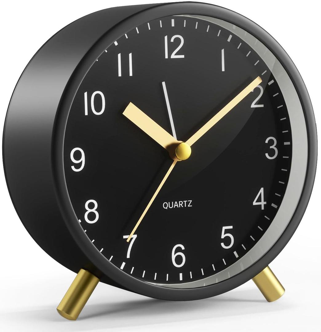 Analog Alarm Clock, Super Silent Non Ticking with Night Light, Battery Operated, Bedroom Clock,Fashionable Round Metal Alarm Clock for Office, Elderly, Adults, Children, School Gift (Black)