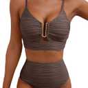 Herseas 2 Piece Bikini Set U-Wire Cutout Popular Swimsuit High Waisted Textured 2026 Summer Beach Swim Bathing Suits (Large, Deep Brown)