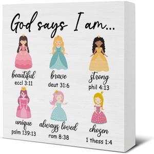 God Says I Am Princess Sign Positive Affirmation Wooden Sign Christian Inspirational Gifts for Kids Teen Girl Room Bedroom Dorm Home Shelf Bible Verse Decor 5 X 5 Inches