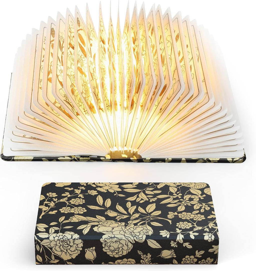 Floral Print Book Light,3-Color Book Lamp Book Lovers Gifts | 1200mAh Portable Foldable Paper Desk Lamp | Night Reading Bookshelf Lamp,Valentine Ambient Lighting Decorations Gifts(Black Gold)