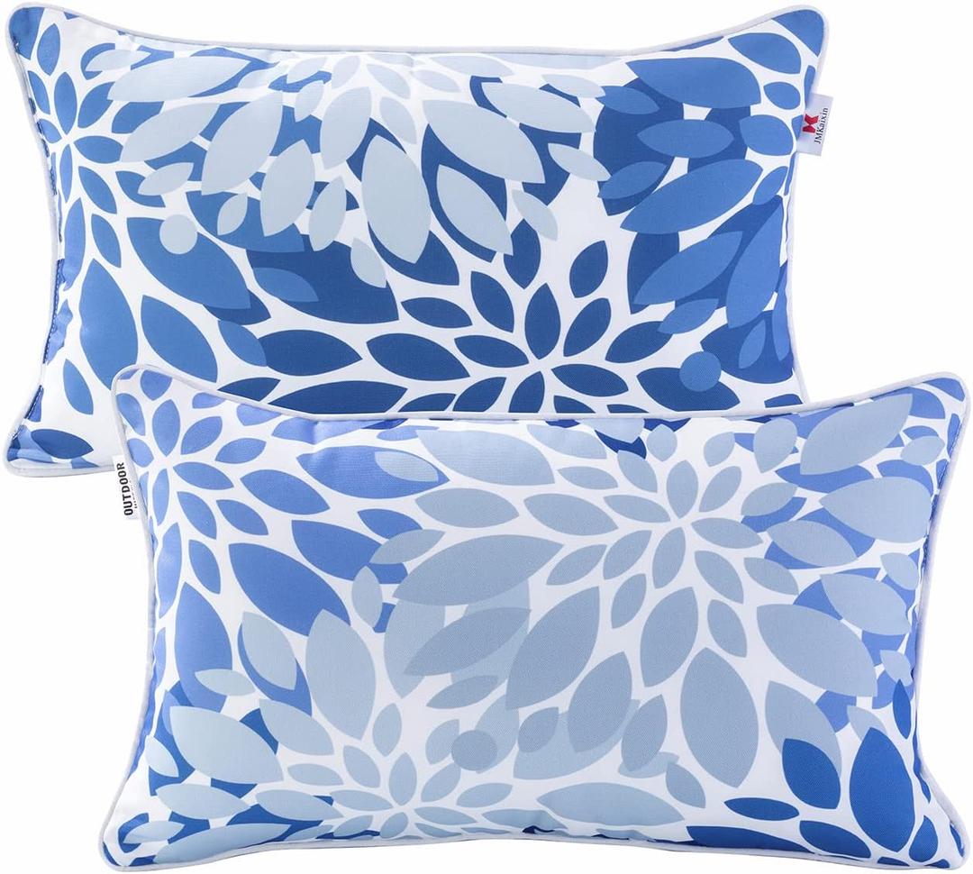 Pack of 2 Patio Lumbar Pillows, 12x20 Fade Resistant Outdoor Waterproof Lumbar Pillow with Inners, Decorative Garden Lumbar Cushions for Home Patio Terrace Sofa Use (Blue and Grey)