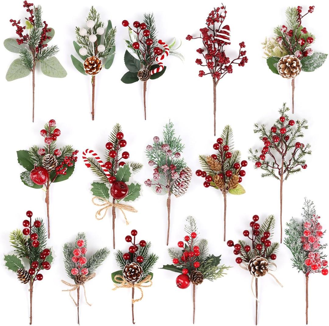 LOAVER 16 Pack Artificial Christmas Red Berry Picks Assorted Faux Pine Branches Spray with Pinecones Holly Stems for Xmas Tree Floral Arrangement Winter Wreath Gift Wrapping Decor (Multi Color)