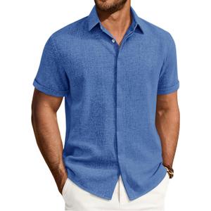 Alimens & Gentle Mens Linen Shirt Short Sleeve Button Down Shirt Casual Summer Beach Vacation Wedding Linen Texture Shirts (Blue, L)
