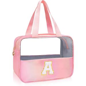 Initial Clear Makeup Bag Personalized Pink Clear Cosmetic Bag, Cute Large Make Up Bags Organizer Bag, Travel Toiletry Bag for Women Girl Gifts A (Pink)