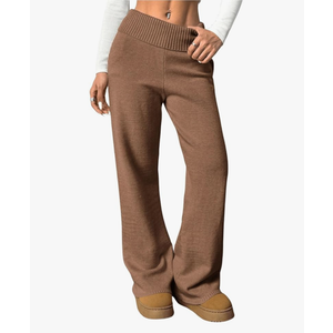 Verdusa Women's Fold Over Elastic Low Waist Lounge Pants Straight Leg Casual Sweater Pants S