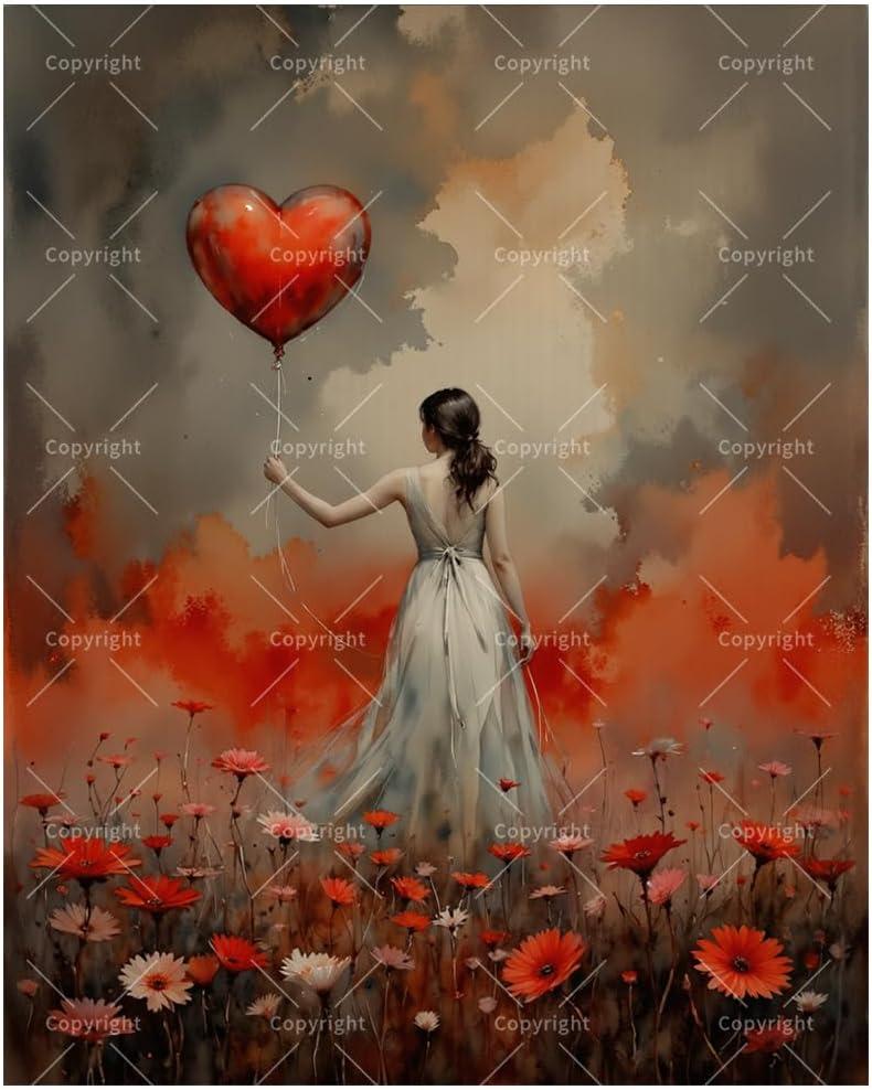 Love Scene Paint by Numbers Kit for Adults – DIY Girl with Heart Balloon in Red Flowers Painting on Canvas, Acrylic Paint Set for Beginners, Romantic Art for Home Decoration or Gifts(16X20IN Framed)
