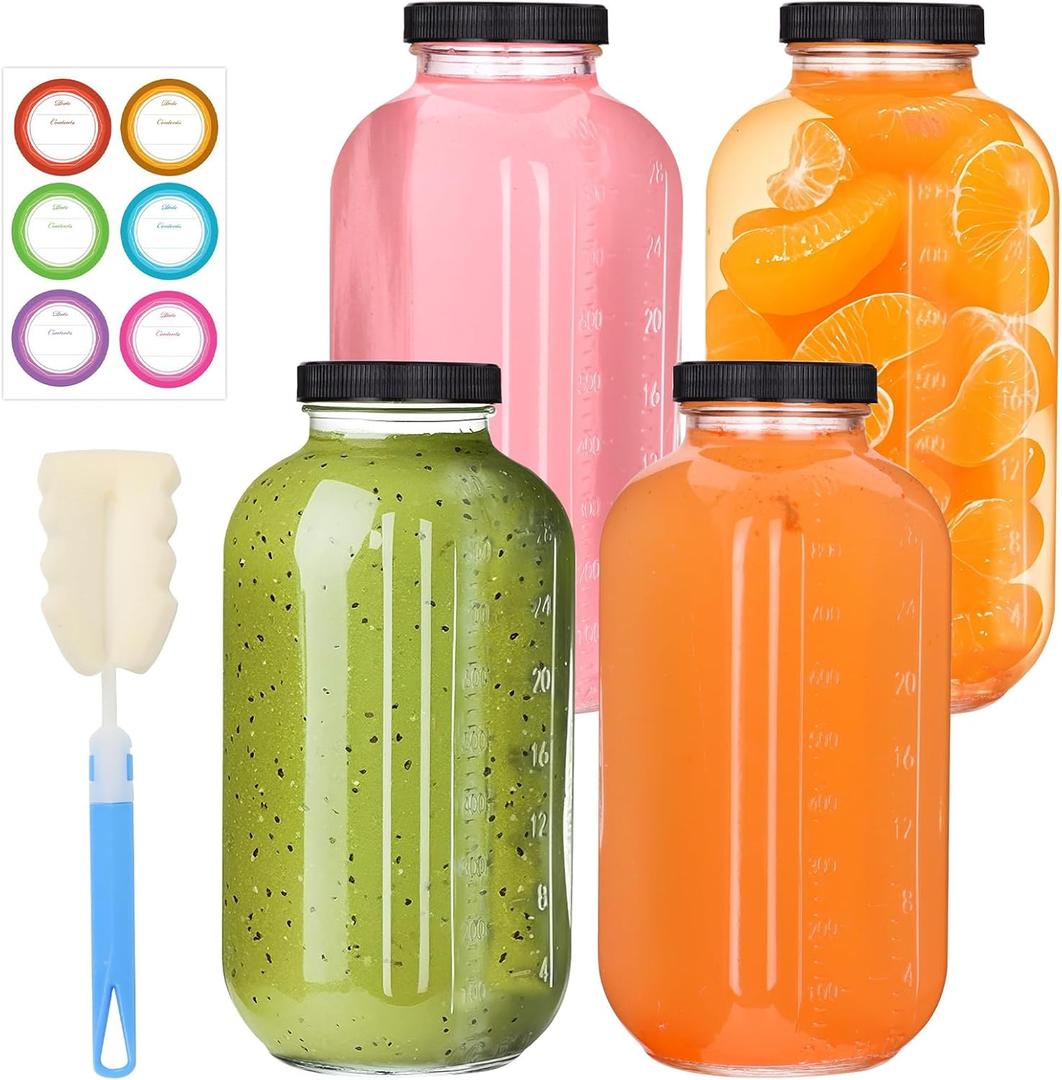 4 Pack 32oz Glass Juice Bottles with Lids, Reusable Milk Containers, Glass Drinking Jars for Juice, Bubble Tea, Smoothie, Tea, Kombucha