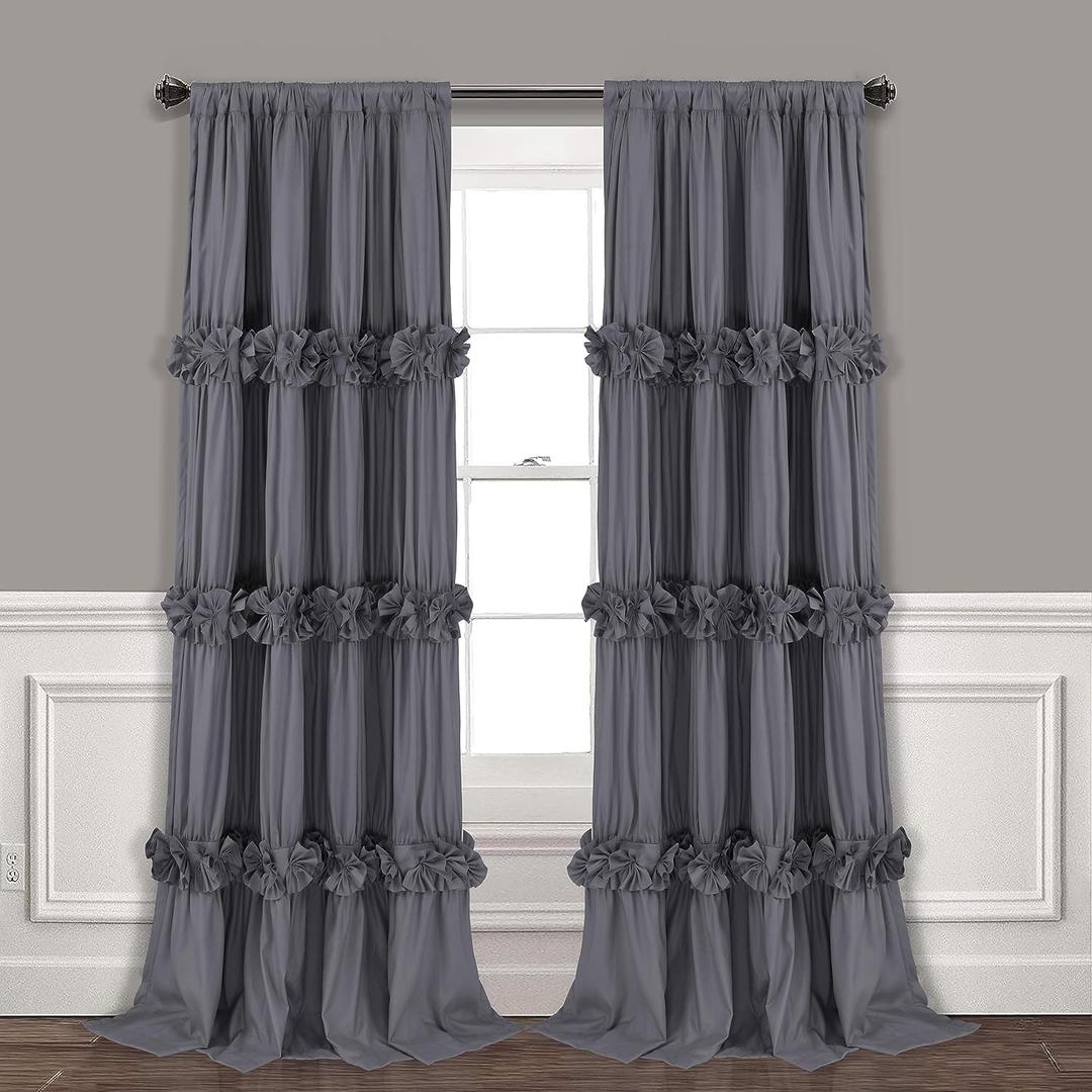 Homechoice Decor Thermal Insulated Blackout Window Curtains, 54" W x 84" L x 2 Panels, Boho Ruched Window Treatments with 3 Rows of Butterfly Flowers, Rustic Rod Pocket Drapes for Room, Gray (LQ-30)
