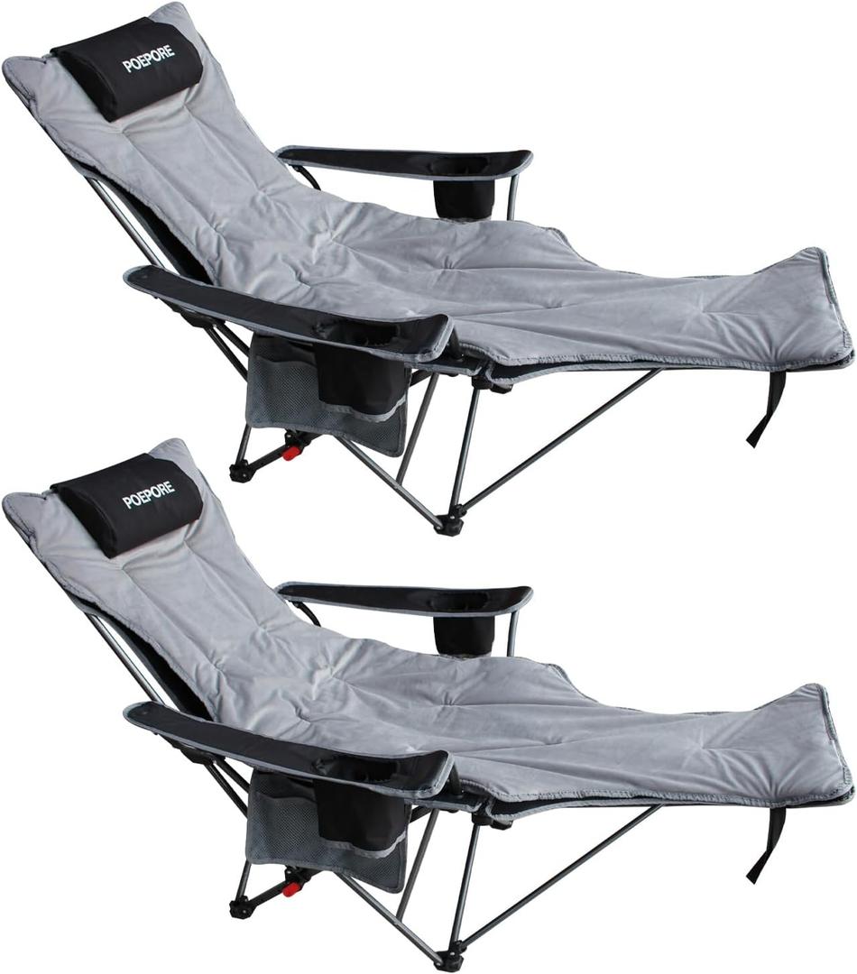 Reclining Camping Chair with Removable Footrest Lounge Chair with Headrest, Cotton Cushion, Portable Adjustable Folding Chairs, 2 pack