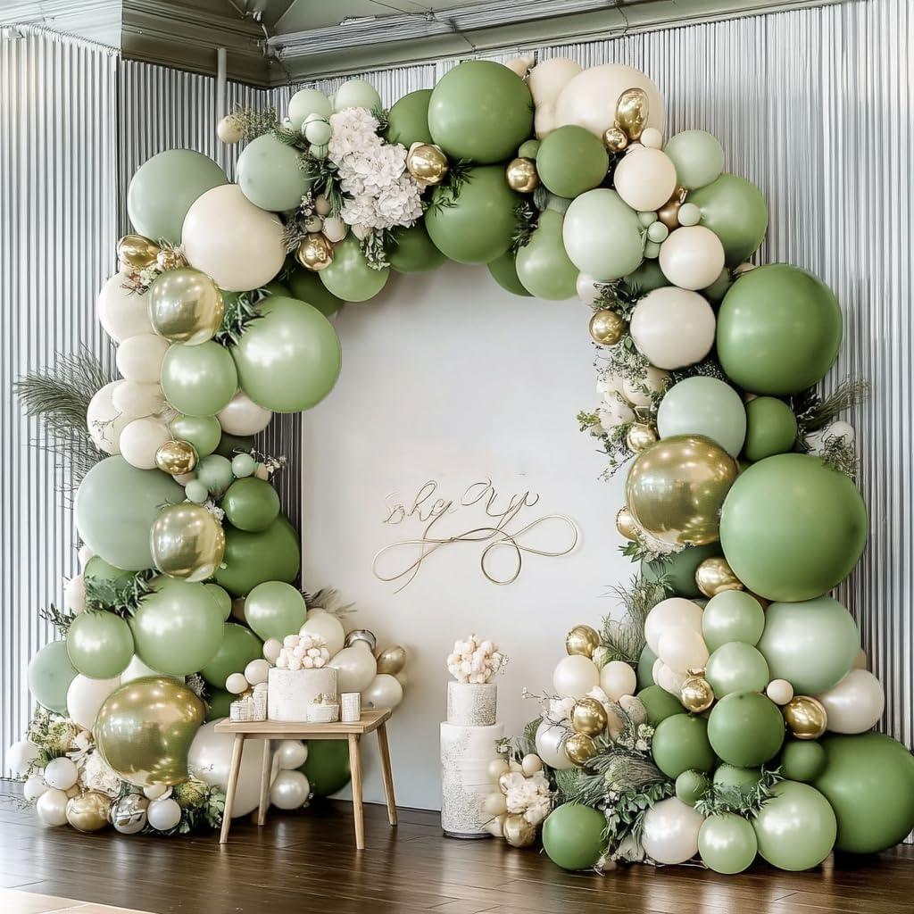 Green White Balloon Garland Double Stuffed Sage Green Gold Pearl White Balloons Arch Kit Dusty Pastel Cream Sand Latex for Christmas Baby Shower Birthday Engagement Party Decorations