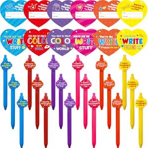 WorldBazaar 24 Pack Valentines Day Hearts Cards with Ballpoint Pens Valentine's Day Classroom Exchange Gift Set Kids Bulk Teacher Appreciation Pens Coworker Employee