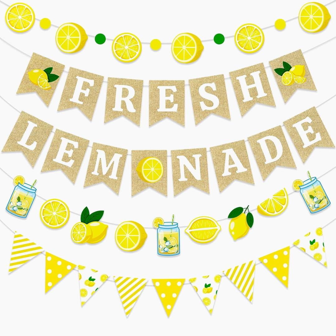5pcs Lemonade Stand Party Decorations  Lemon Sign Burlap Banner, Citrus Garland Supplies for Yellow Birthday, Bridal Shower, Summer Decor