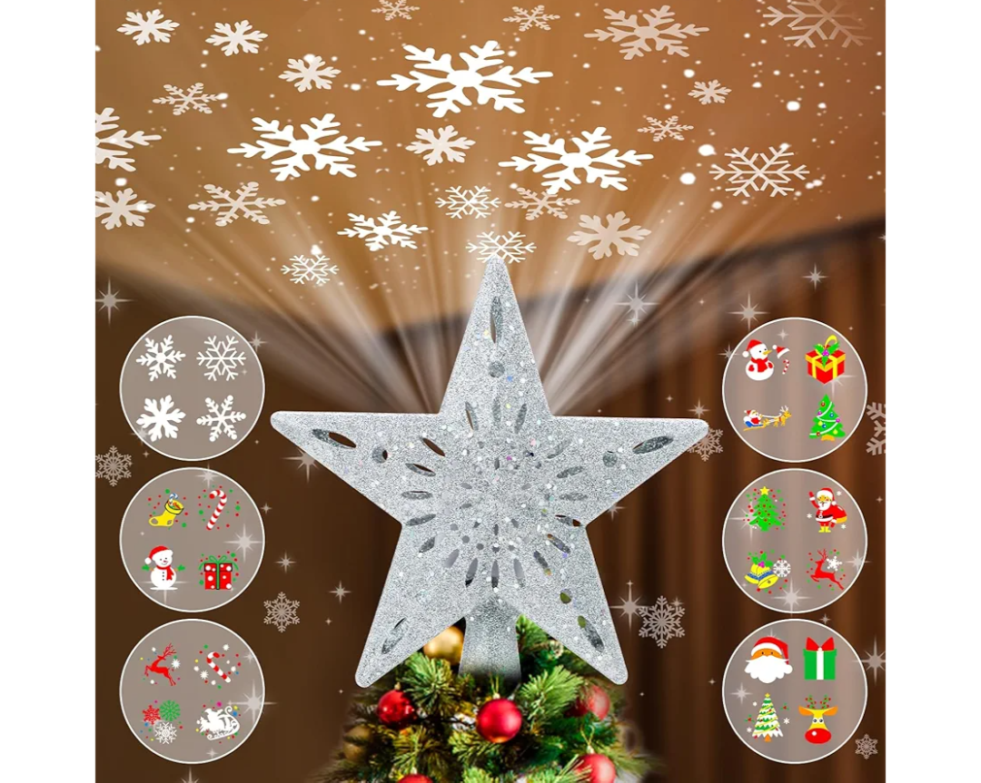 Christmas Tree Topper Projector Lights with 6 Projection Modes, Sliver Star Christmas Tree Topper with Built-in LED Projector, Dynamic Projection for Christmas Party Holiday Decoration