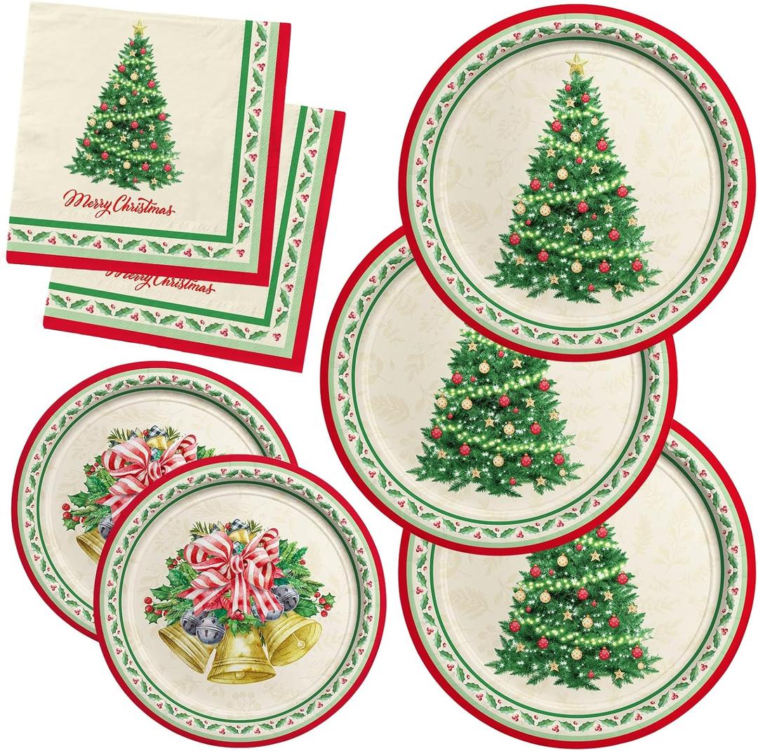 Gatherfun Christmas Party Supplies Kit, Serve 50, Christmas Tree Disposable Dinnerware Includes: Paper Dinner Plates, Dessert Plates, and Napkins, Great for Merry Christmas Party Decorations