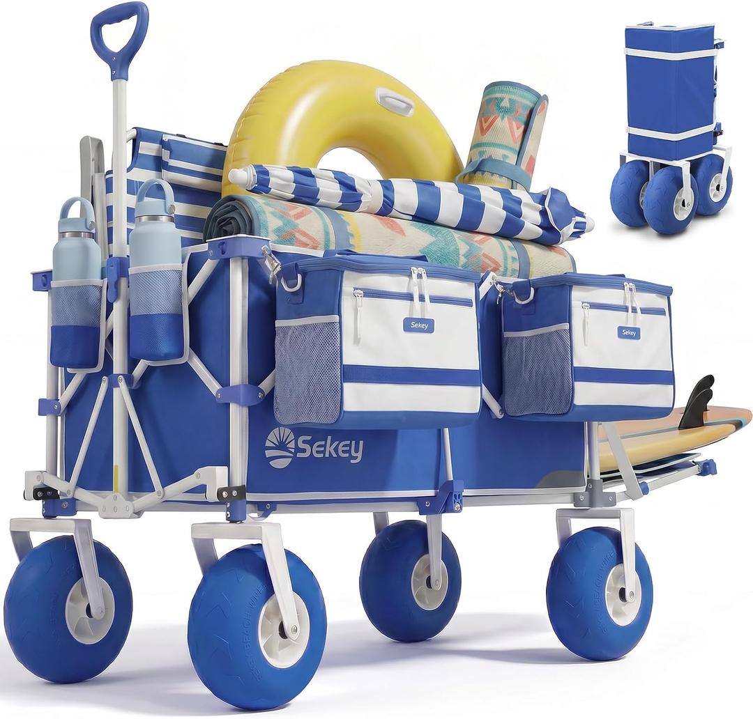 Sekey Heavy Duty Beach Wagon with 9" Big Sand-Proof Wheels, 300L Oversized Foldable Beach Cart with Cooler| Adjustable Handle & Balloon Tires for Sand, Camping,Vacation