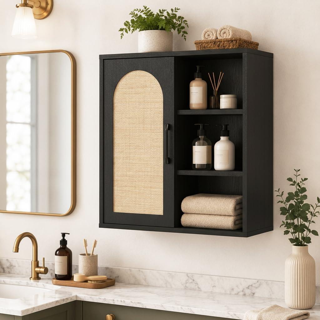 RUSTOWN Boho Rattan Bathroom Wall Cabinet with Sliding Door, Black