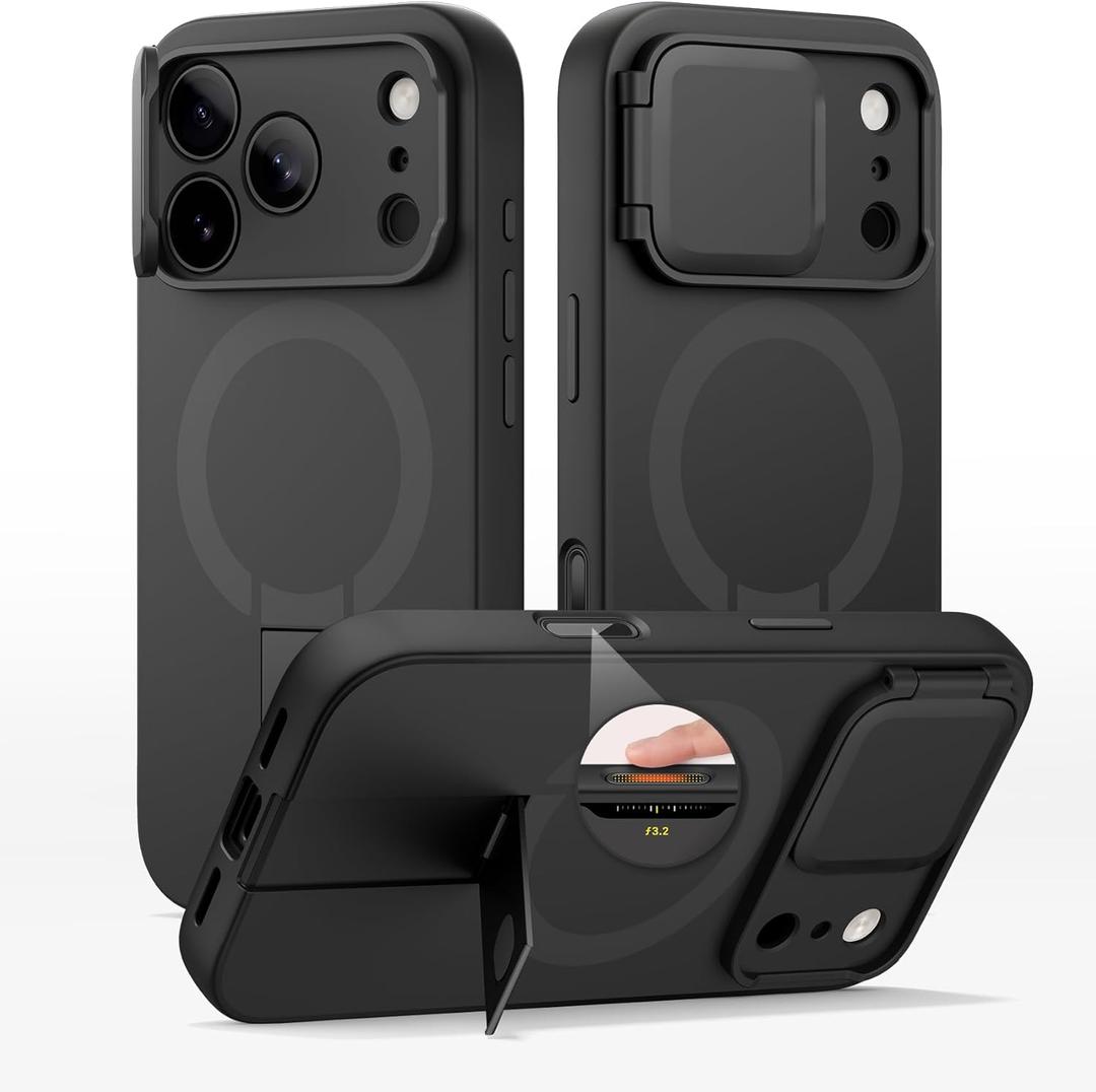 SURITCH for iPhone 17 Pro Max Case with Camera Control Cover, Camera Cover and Adjustable Kickstand, Compatible with MagSafe, Shockproof Bumper Protective Cases 6.9 Inch, Black,  iPhone 17 Pro Max-6.9"
