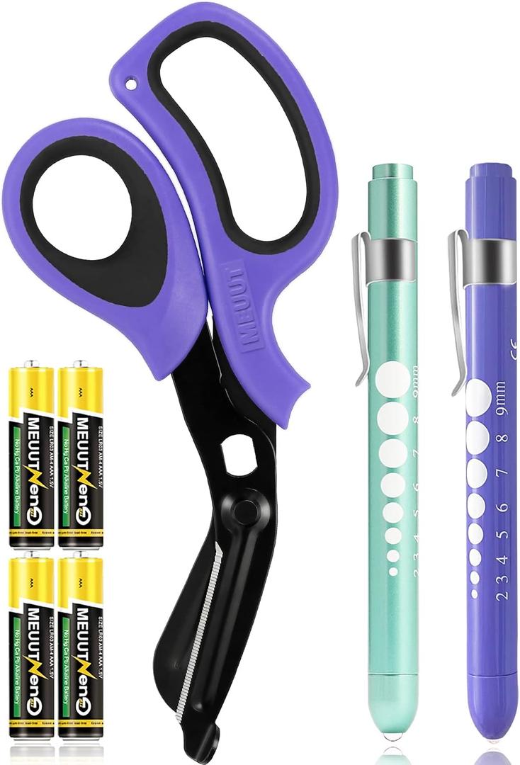 9 x MEUUT 3 Pack Medical Scissors and penlights for Nurses with Four Batteries-One 8" Patented Trauma Scissor Bandage Scissor Two LED Pen lights for Nurse Doctor EMT First Aid