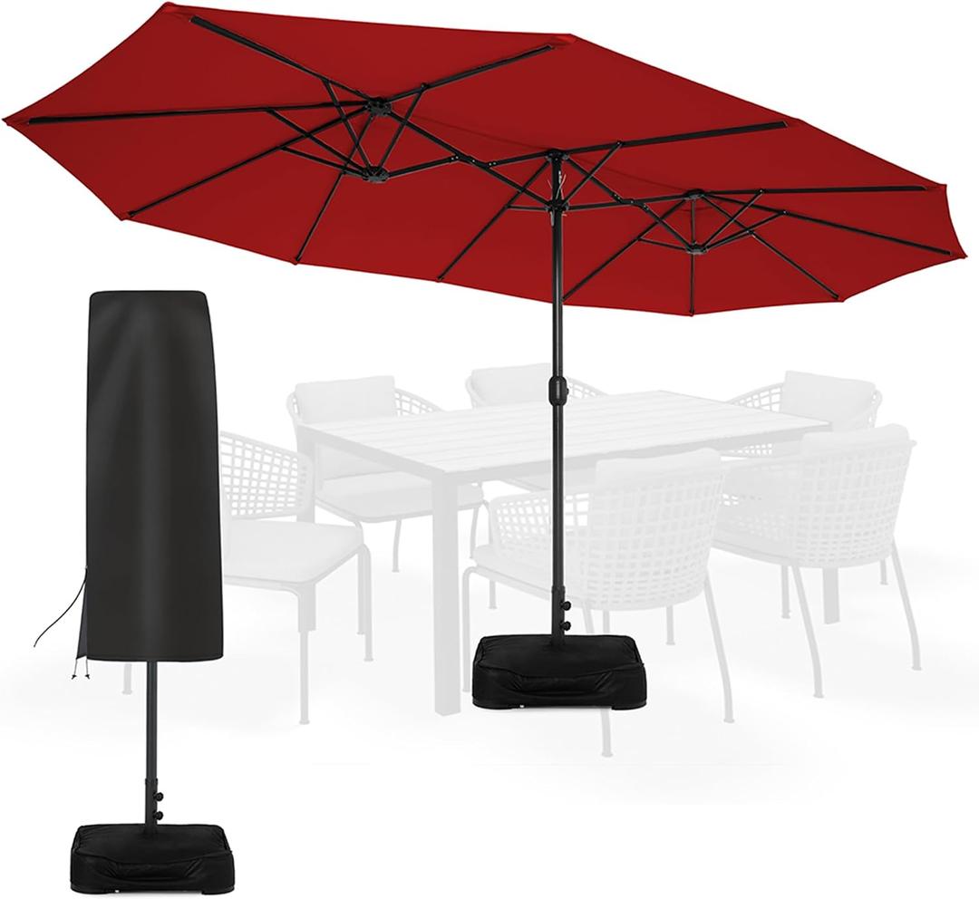 Sundale Outdoor Olefin 5-Year-Non-Fading 15 ft Patio Umbrella with Sand Bag Base and Cover, Large Outdoor Double-Sided Umbrella, Red