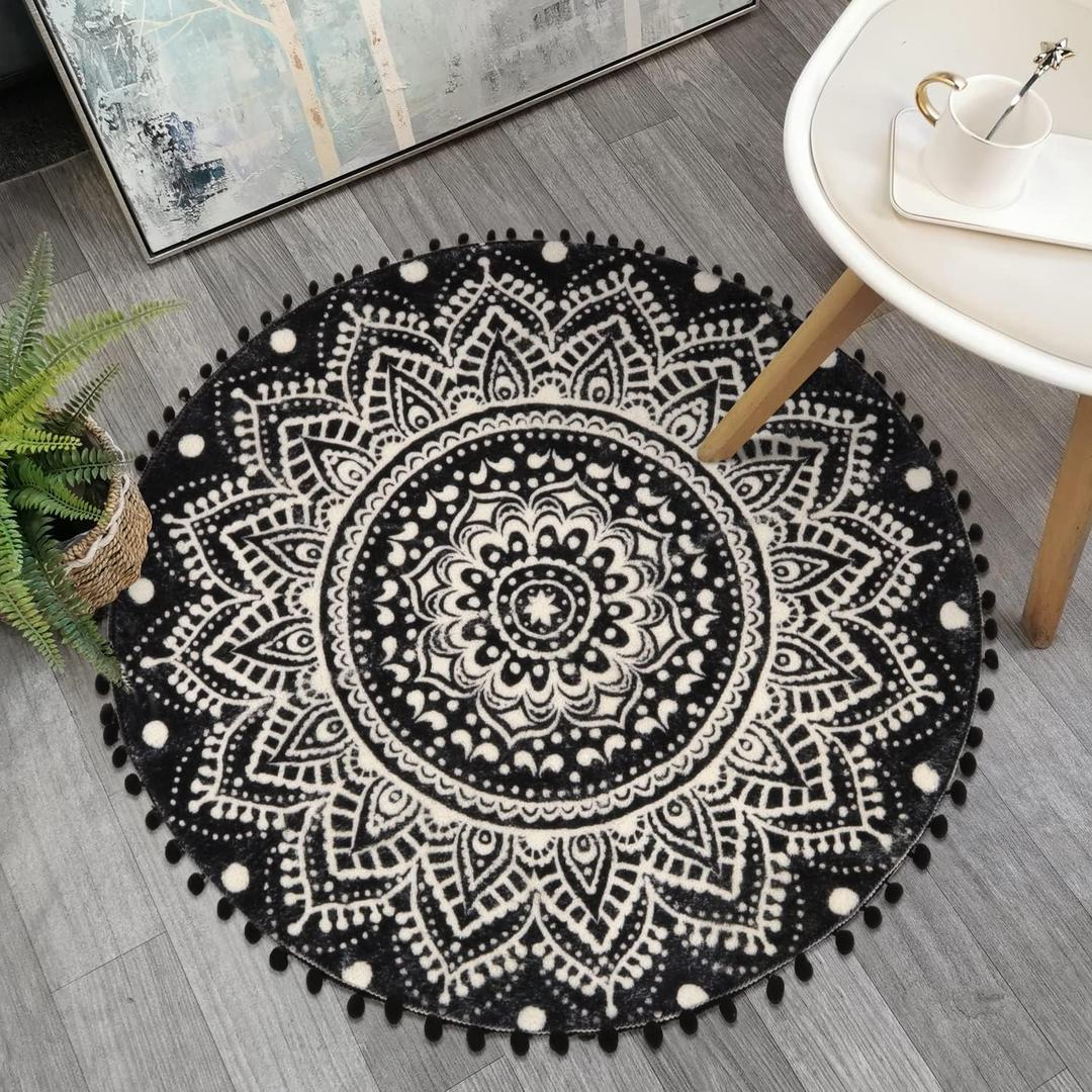 Uphome Boho Round Rug for Bedroom 3' Circle Mandala Black Bathroom Rug with Pom Poms Fringe Washable Circular Accent Throw Rugs Non-Slip Soft Floor Mat for Entryway Living Room Sofa Kids Room Nursery (2'7" (Round))