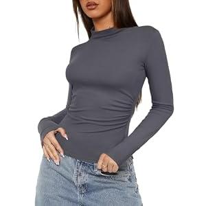 Darong Womens Long Sleeve Shirts Basic Tees Crop Tops Going Out Fall 2025 Workout Outfits Y2k Clothes 9089 Grey S