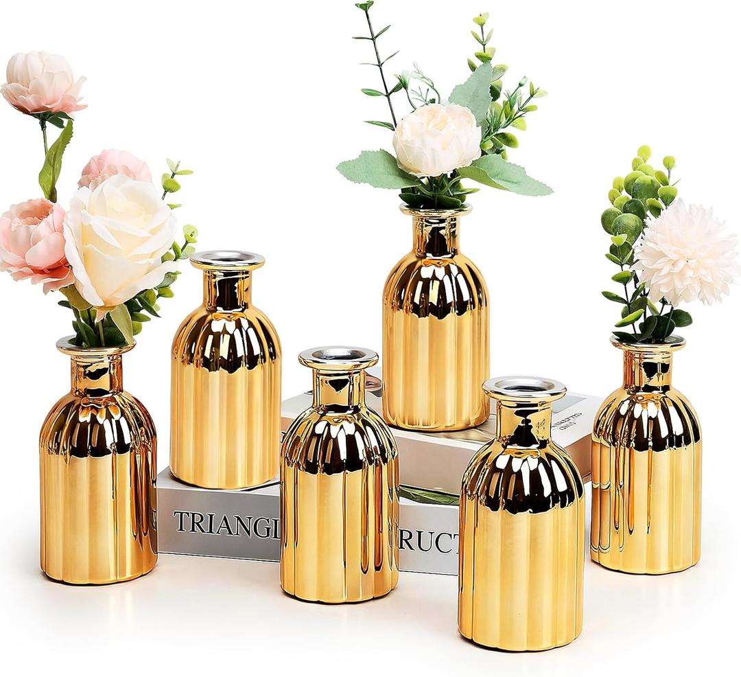 Small Gold Bud Vases, Bud Glass Vases for Centerpieces Set of 6 Golden Flower Vases for Wedding Home New Year Party Table Centerpieces Decor