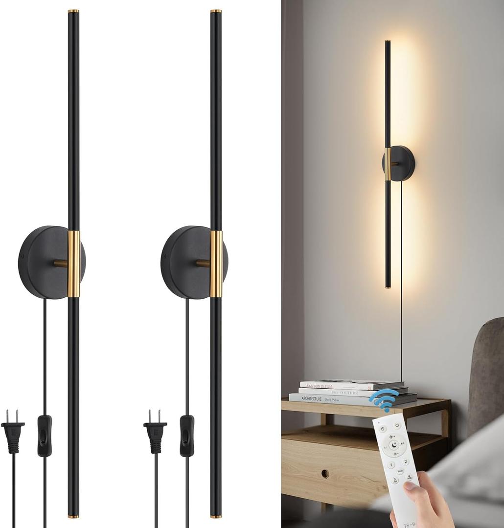 Plug in LED Wall Sconces Set of Two, 3000K-6000K Dimmable Modern LED Wall Lights with Remote 360Rotate Black Gold Wall Mounted Lighting for Living Room Hallway Bedroom Vanity 24 Inch 2 Pack