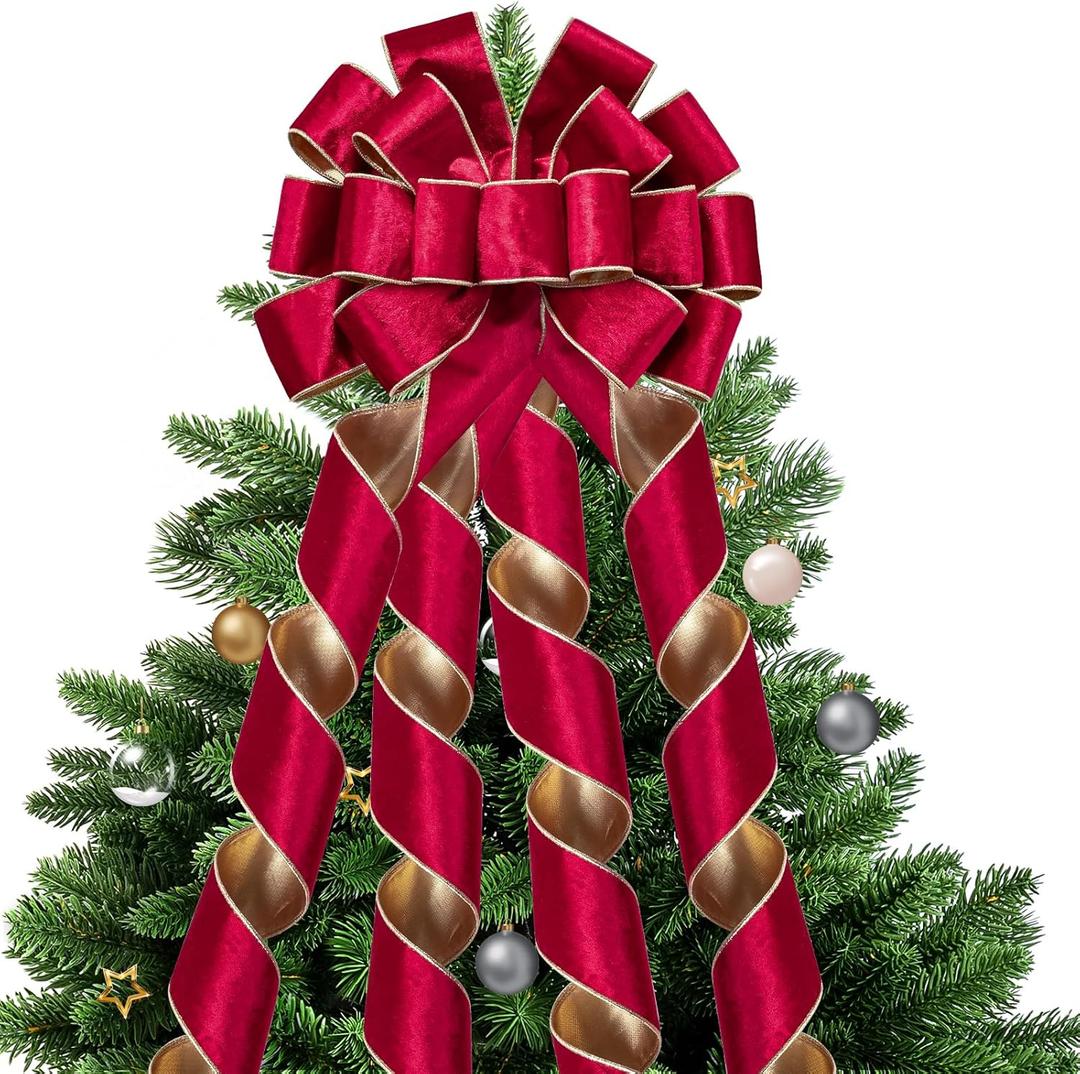 WRAPAHOLIC Large Christmas Tree Topper Bow - 13 x 52 Inch Luxury Red Christmas Tree Topper Ribbon Bow Wreath Bows with Gold Wired Edge for Xmas Ornament Indoor Outdoor Decoration