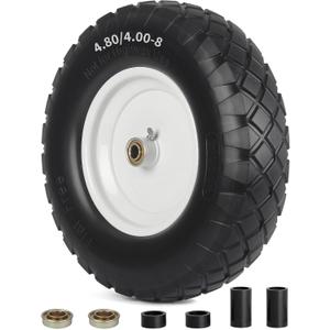 4.80/4.00-8" Wheelbarrow Tire, 16" Flat-Free Solid Tire and Wheel, 3-6" Centered Hub, 5/8" & 3/4" Bearing, For Broadcast Spreader Garden Wagon Cart Trolley Dolly (1 Pack)