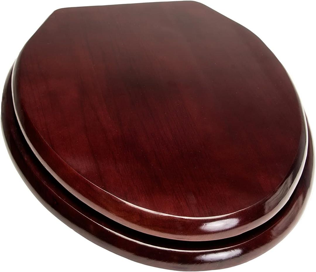 5Q1R2-16OB Solid Oak Traditional Design Toilet Seat with Solid Metal Hinges, Round, Mahogany with Oil Rubbed Bronze