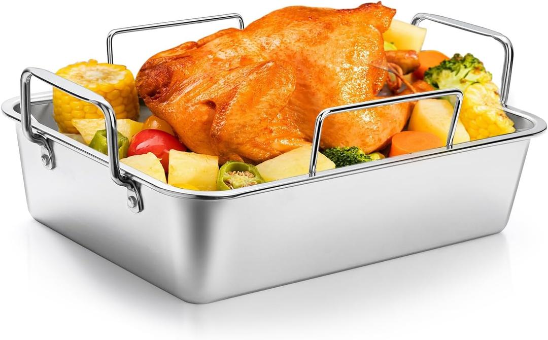 Roasting Pan, 14*10 Inch Stainless Steel Turkey Roaster with Rack - Deep Broiling Pan & V-shaped Rack & Flat Rack, Non-toxic & Heavy Duty, Great for Thanksgiving Christmas Roast Chicken Meat Lasagna