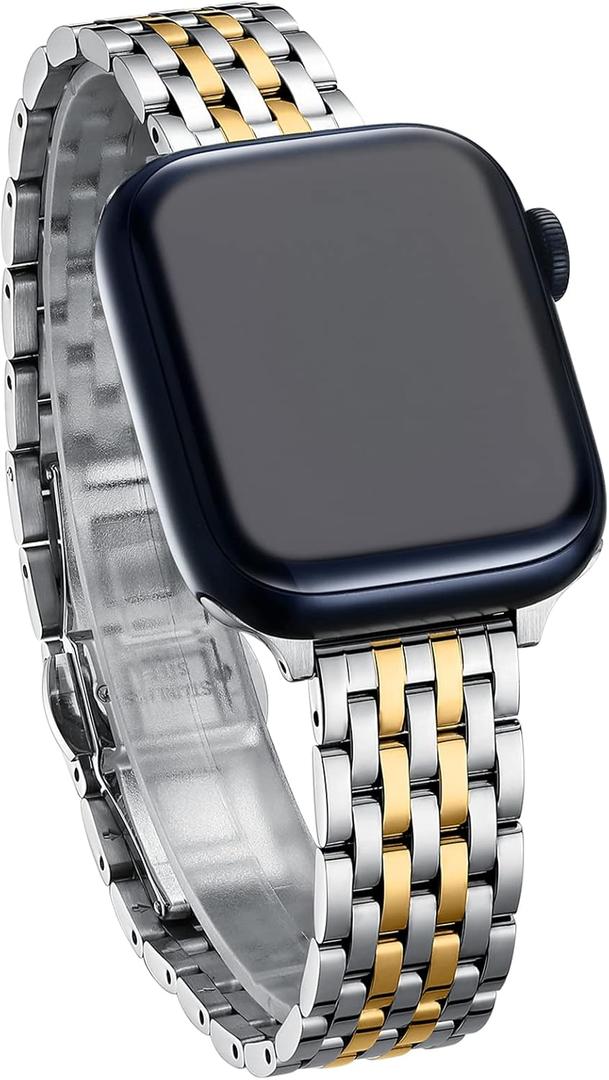 Thin & Feminine Band for Apple Watch 11 10 Se 9 8 7 6 5 4 3, Dressy Metal Band for Women for Apple Watch 42mm 41mm 40mm 44mm 45mm 46mm, Stainless Steel Watch Band for Apple Watch (Silver Gold)