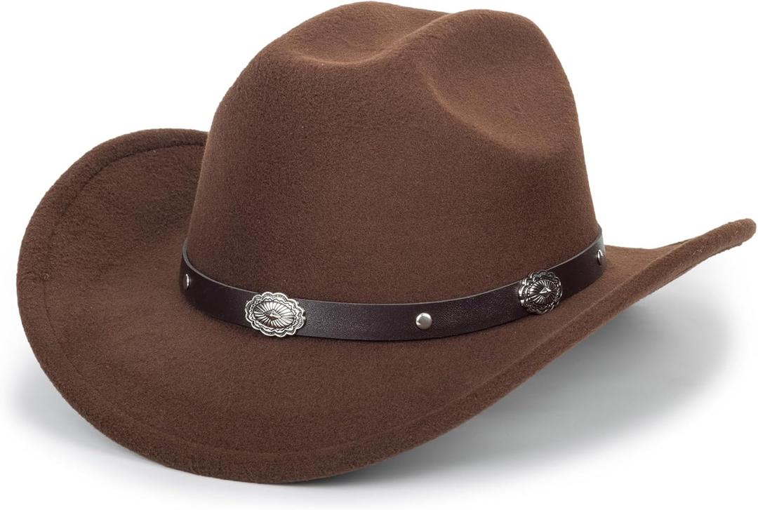 Classic Black Western Felt Roll Up Brim Cowboy and Cowgirl Hat for Women and Men - Decoration with Western Belt Bukle (7-7 1/4, Brown-vintage Buckle Belt)