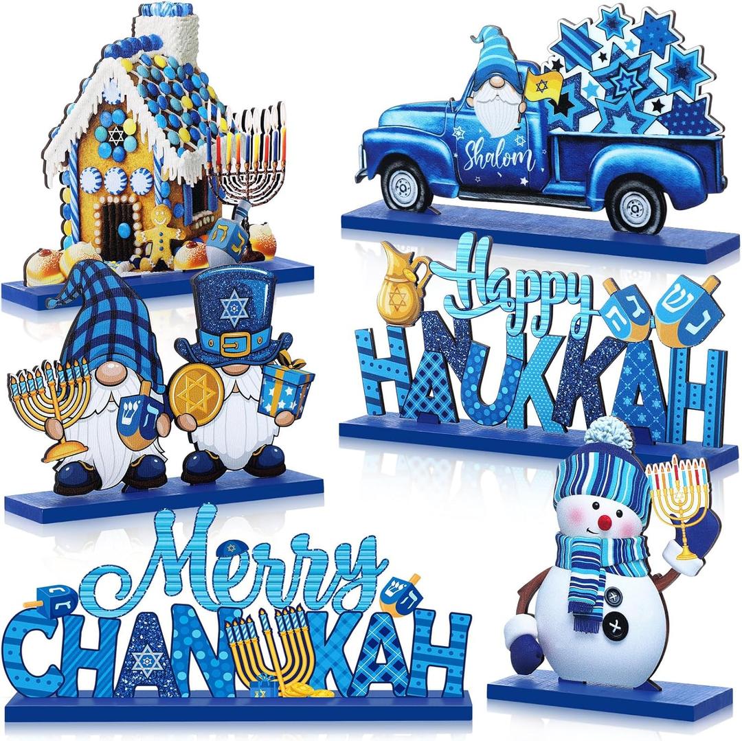 6 Pcs Hanukkah Table Centerpieces Wooden Happy Hanukkah Table Signs Wood Chanukah Party Decor Star of David Festival of Lights Candles Centerpiece Table Toppers for Hanukkah Party Supplies