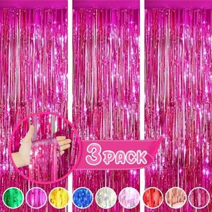 3 Pack Fuchsia Foil Fringe Curtain Backdrop-3 Pack 3.3ft x 8.3ft Streamers for Birthday, Bachelorette, Wedding, Anniversary Christmas, New Year, Thanksgiving Parties, (Pack Of 2)