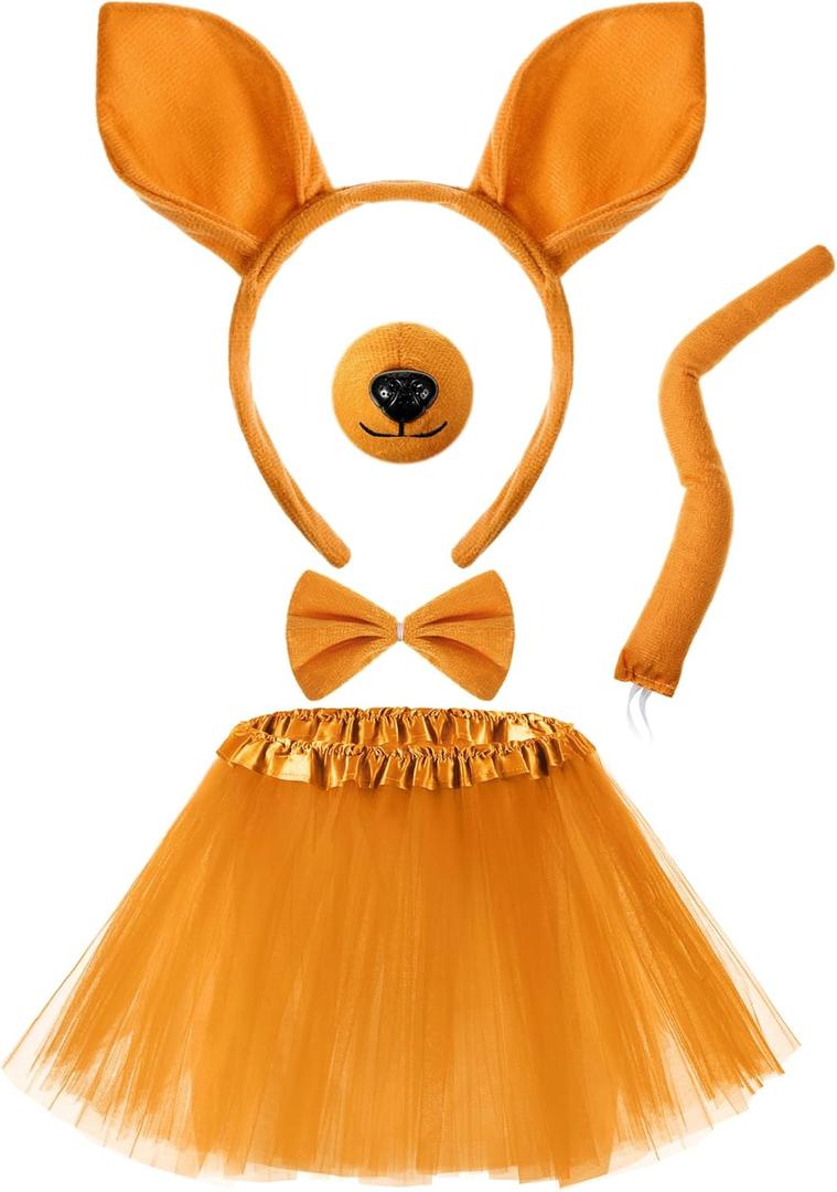 Zhanmai Mardi Gras Costume Kangaroo Costume Set Party Accessories Cosplay Outfit Kit Animal Tutu Skirt Ears Headband Bowtie Tail Nose (Dark Yellow), Kangaroo