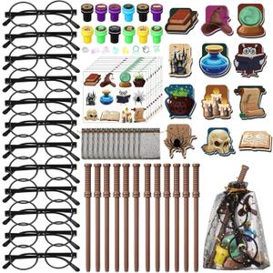 Pasimy 72 Pcs Wizard Party Favors Birthday Decorations with Mini Notebook Black Glasses Pencil Stamp Sticker Gift Bag for Adults Wizard Magical Goody Bag Stuffers Prizes Supplies (Wand)