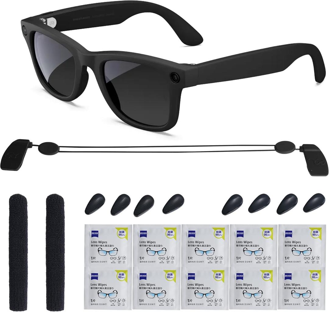 HIBLOKS Smart Glasses Accessories Kit for Ray-Ban Meta/Gen 2 and Oakley Meta HSTN, Includes 10Pcs Lens Cleaning Papers, 4 Pairs Nose Pads, 1Pc Adjustable Anti-Drop Lanyard & Non-Slip Glasses Holder