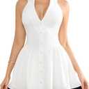 Parthea Women Sexy Backless Short Dress Halter Deep V Neck Ruffle Layer A Line Party Club Mini Dress White, Size XL
