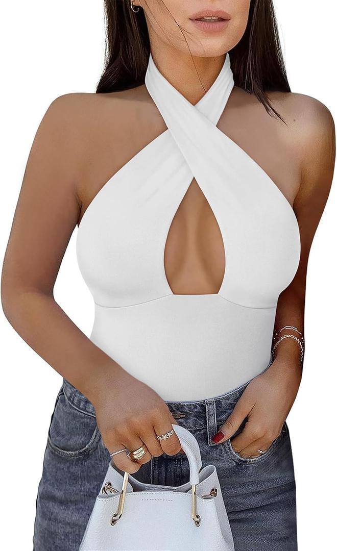 REORIA Butsmooth Women's Trendy Sexy Criss Cross Halter Neck Sleeveless Thong Bodysuits Tops Clubwear (White)
