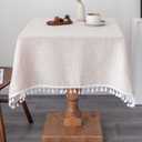Linen Square Tablecloth 52 x 52 Inch Beige Washable Wrinkle Resistant Table Cloths with Tassels Farmhouse Decorative Burlap Fabric Table Cover for Wedding Camping Party Holiday